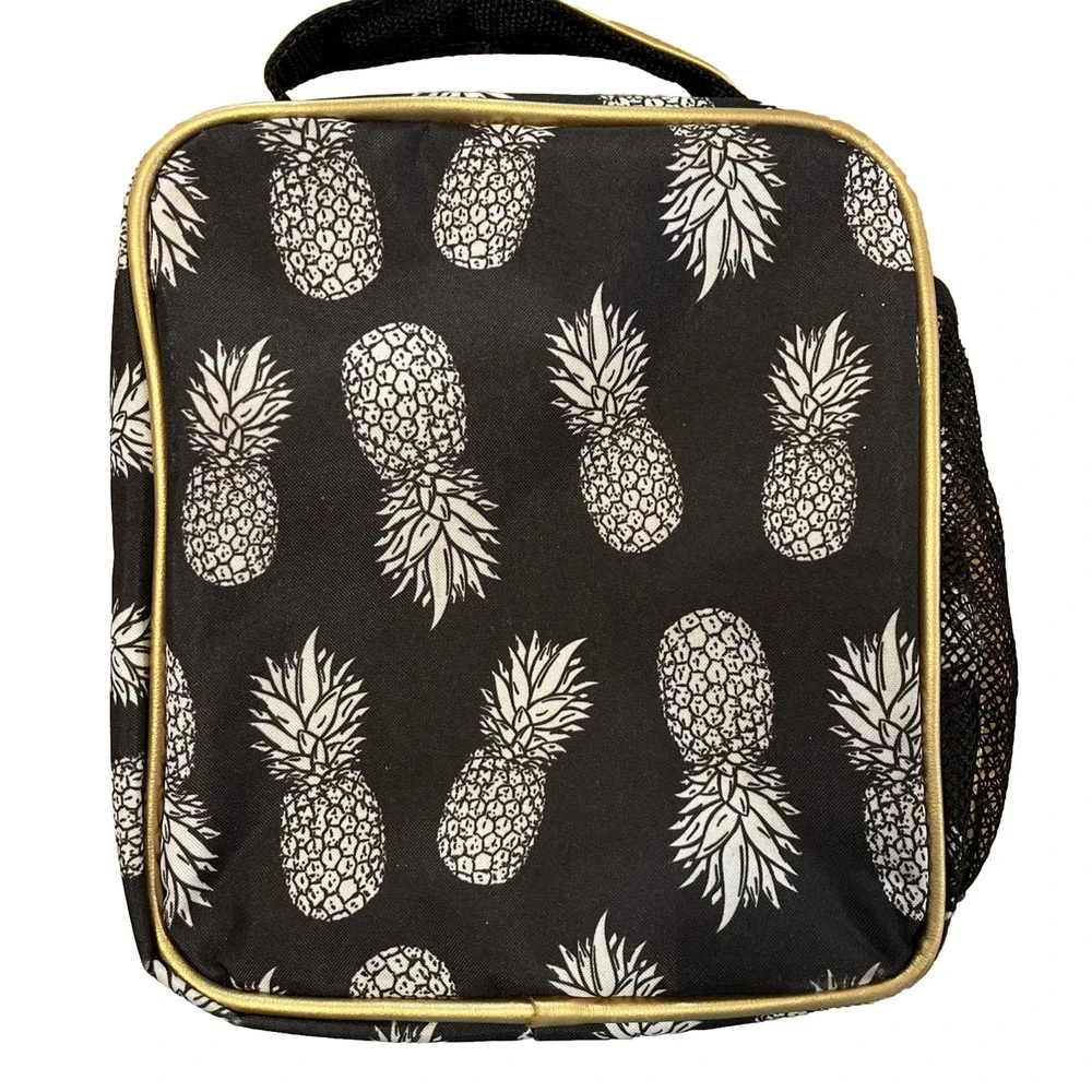 Simply Southern Pineapple Lunchbox Black White Gold Zip Closer Handle Pockets